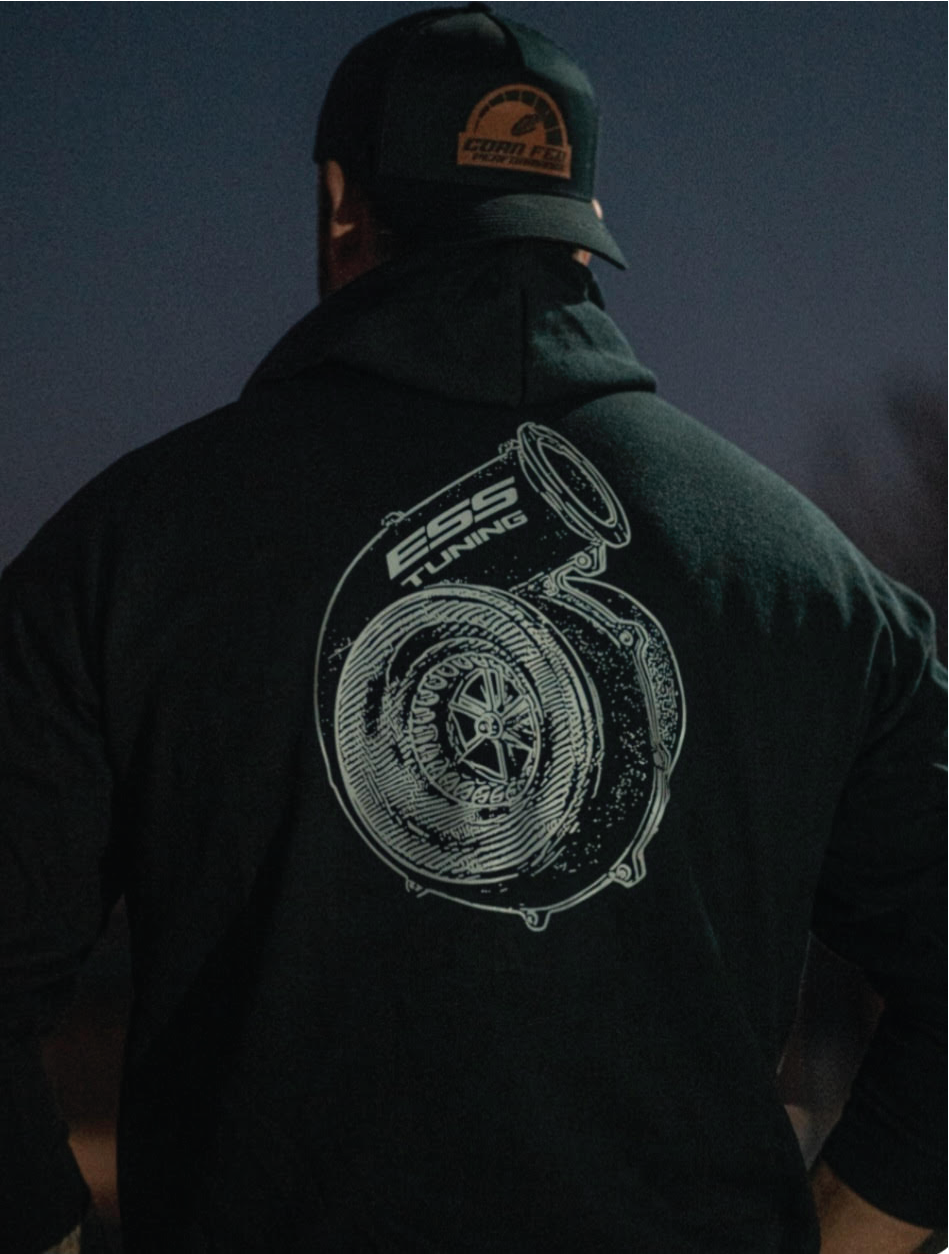 Black Hoodie with Silver Reflective ESS Tuning print